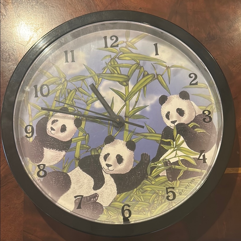 Black and White Panda Wall Clock with Bamboo Design